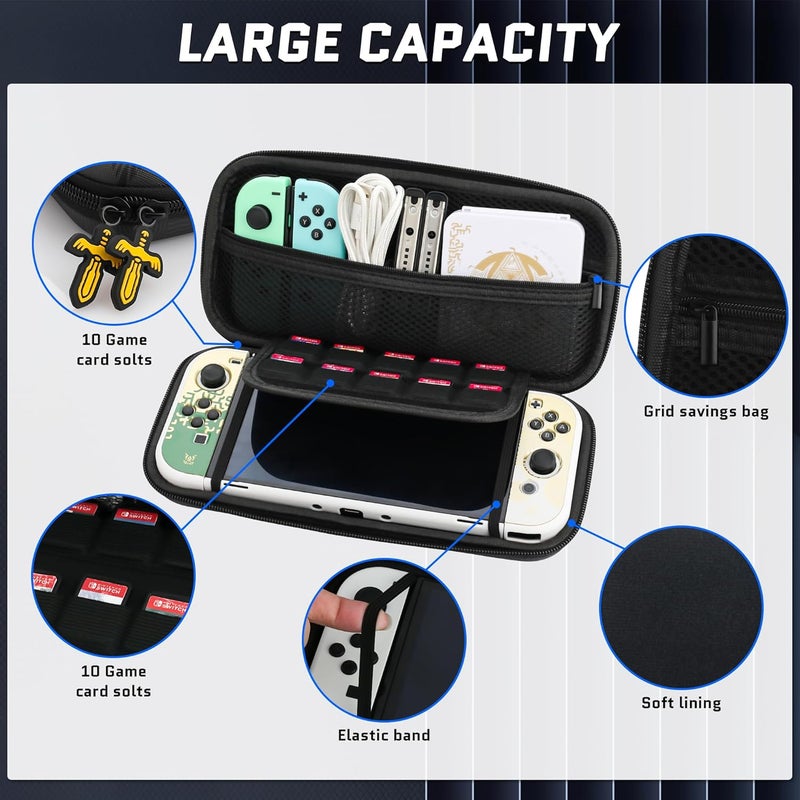 F'DIARY Black Carrying Case for Nintendo Switch and Switch OLED with Zelda Kingdom Design, Shockproof Accessories with Protable Travel Case Bulit-in 10 Game Card Slots, Handle Strap and 2 Thumb Caps - Image 2